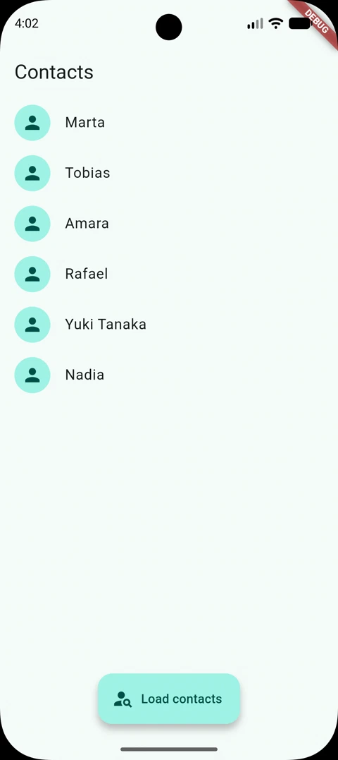 Contact list in the sample app