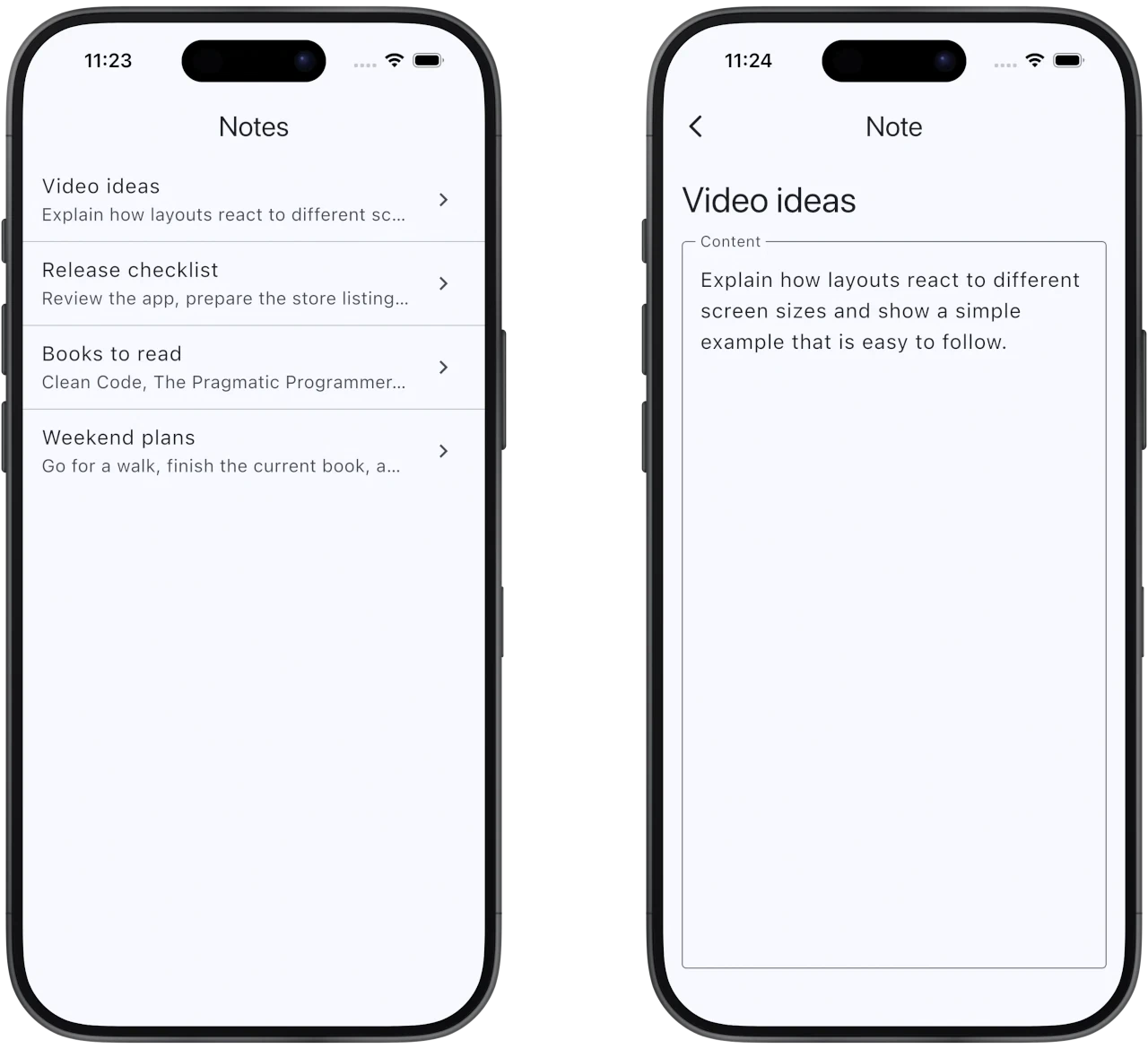 List and detail views of the sample notes app running on an iPhone 17