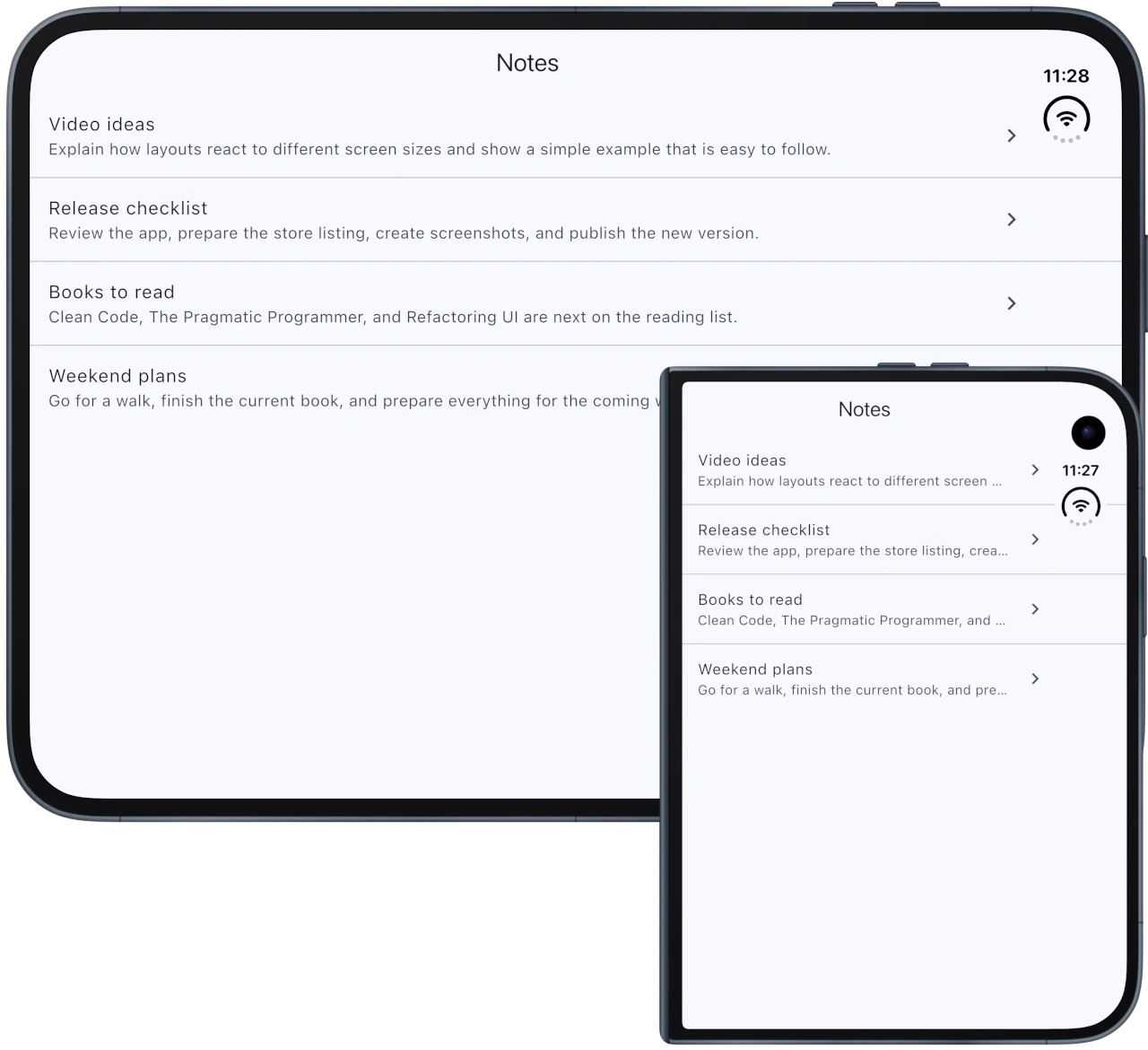 Notes app without adaptations on the inner and outer displays of iPhone Duo