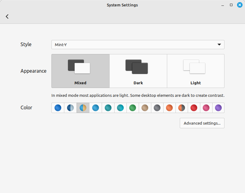 In Linux Mint 21.2 you can easily customize the look of the interface by choosing a style, a dark, light, or mixed mode and an accent color.